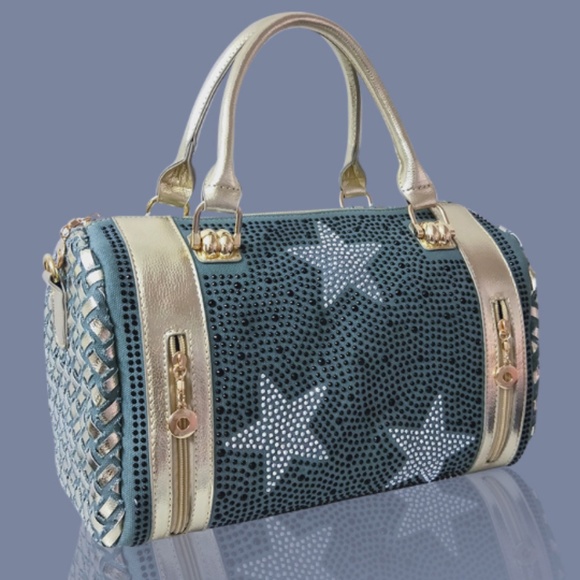 LAV -ISH Handbags - DAVISH -  BAG EMBROIDED - DENIN N  GOLD  W/SHOULDER STRAPS  NWT